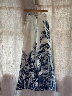 Andres Otalora Wide Leg Tropical Print 100% Linen Puerto Pant - Cream & Navy